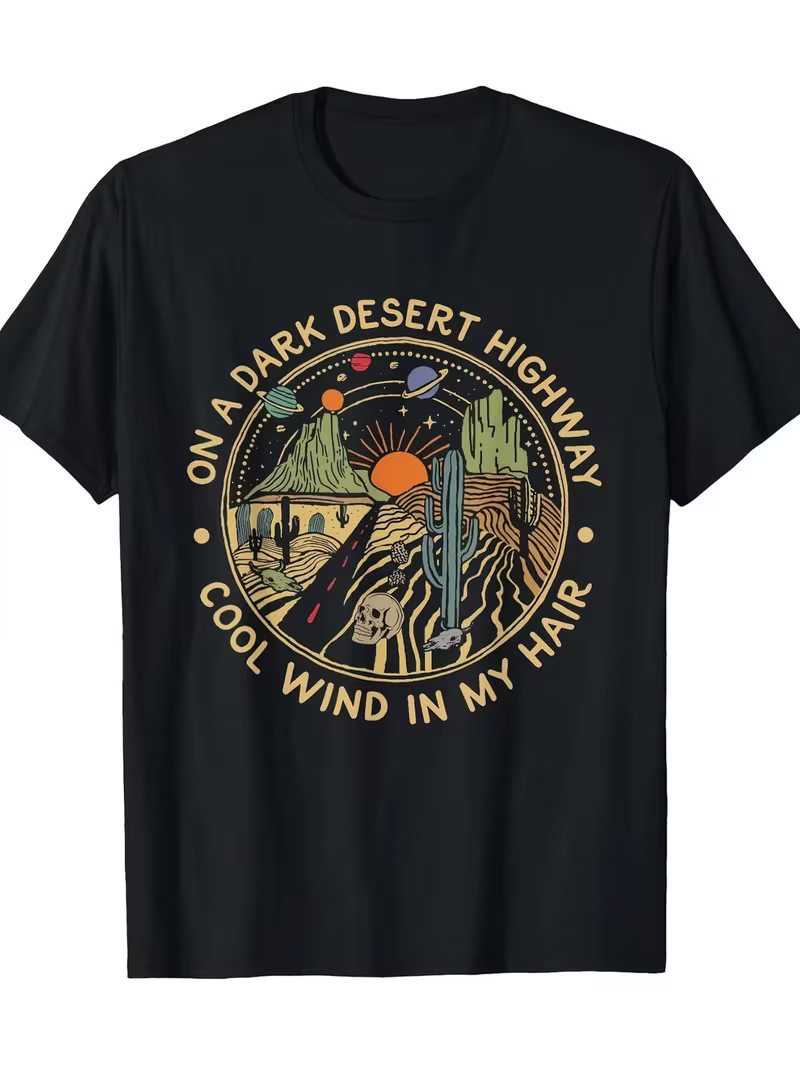 Men’s Desert Graphic T-Shirt – Black Tee with Cactus, Sun, Rocks & “On a Dark De