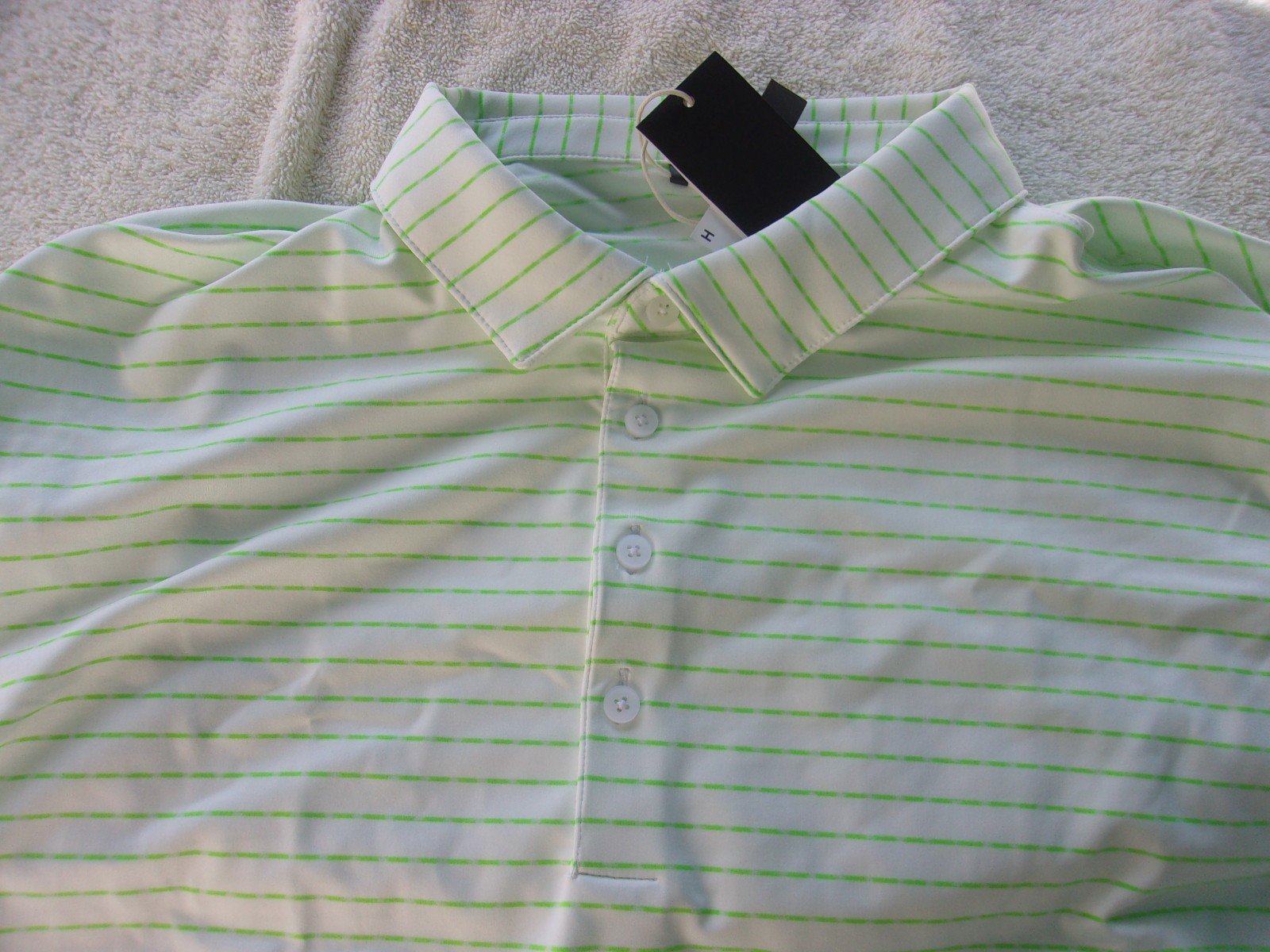 NWT Adidas polo, mens L, XL, green, poly, pointed collar, $80, 4 button, stripe