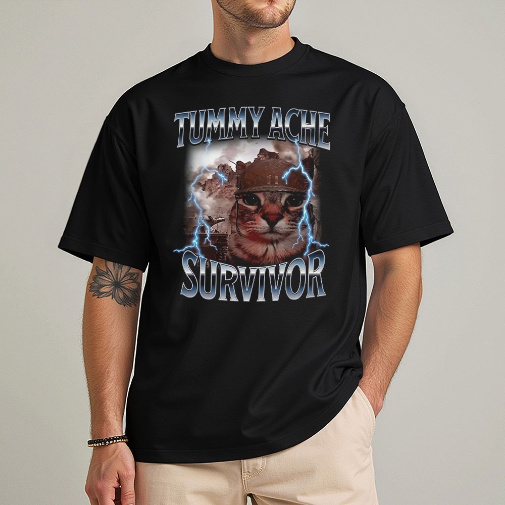 Tummy Ache Survivor T-Shirt Funny Cat Meme Soldier Graphic Vintage Heavy Metal