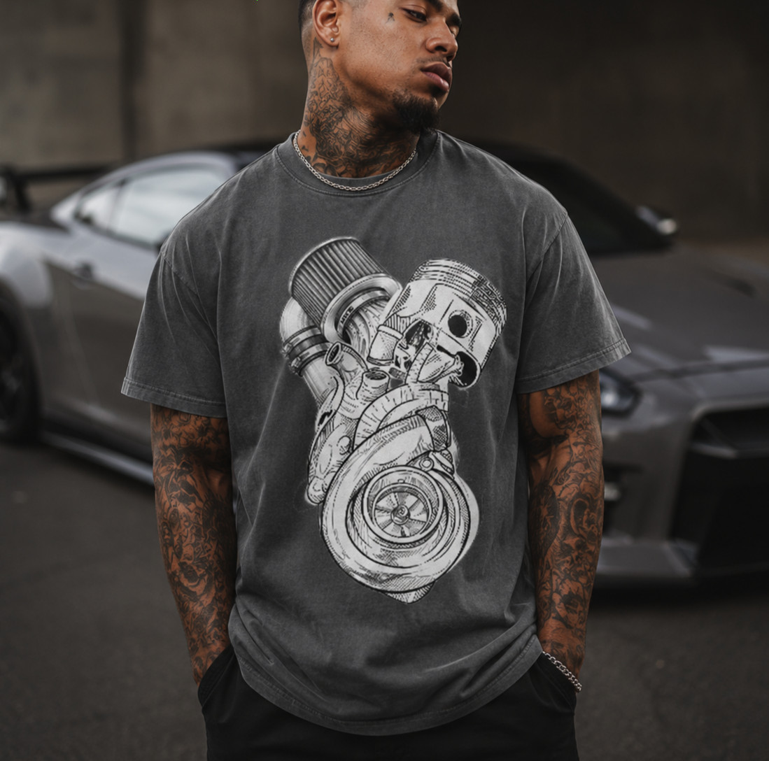 Vintage Turbo Engine Heart Graphic T-Shirt Car Guy Gearhead Mechanic Tee