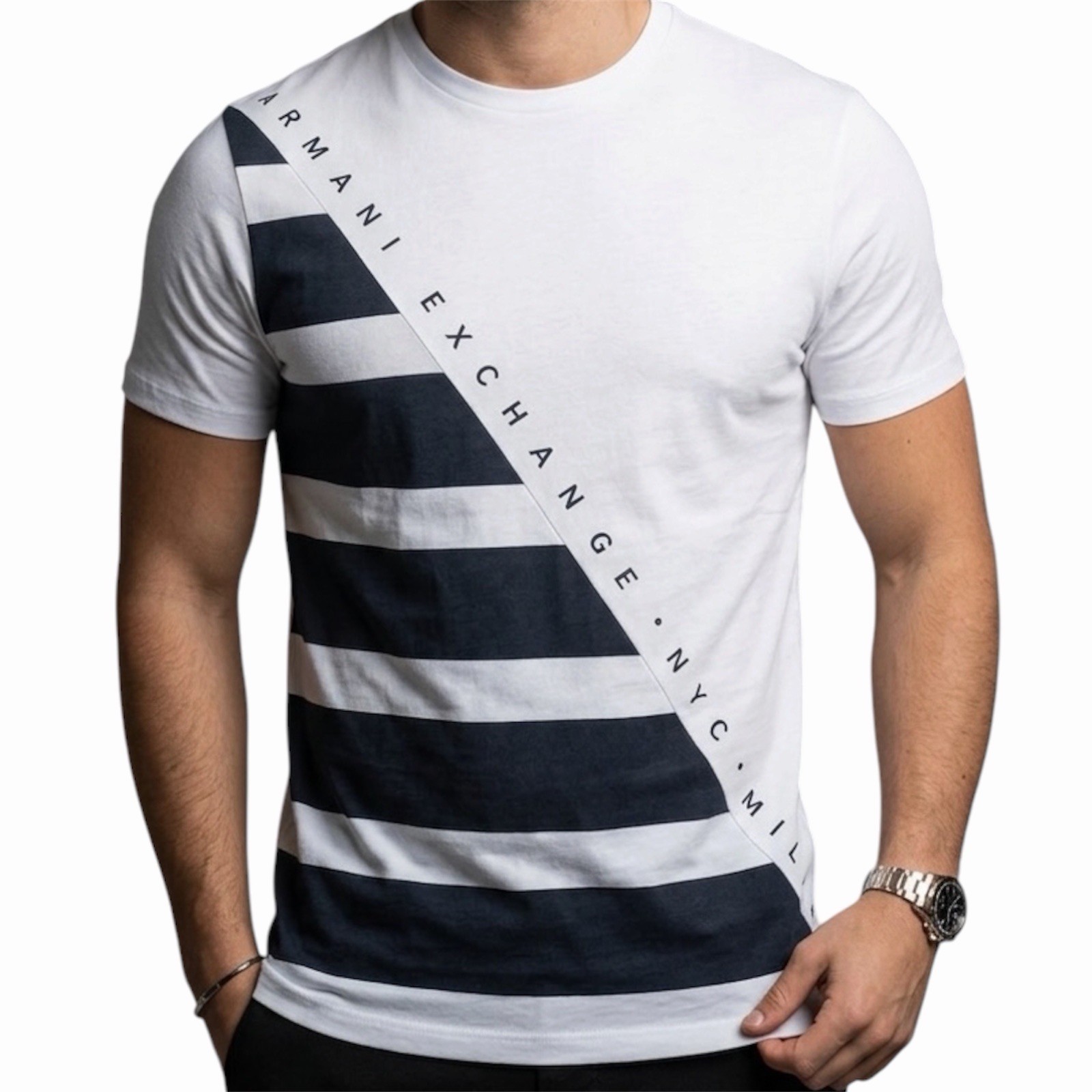 ARMANI EXCHANGE White DIAGONAL STRIPE Short Sleeve Slim Fit Designer T-shirt NWT