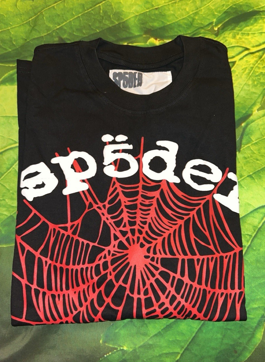sp5der Men’s L Cotton Black Red Spider Web Graphic Logo Crew Neck T-Shirt