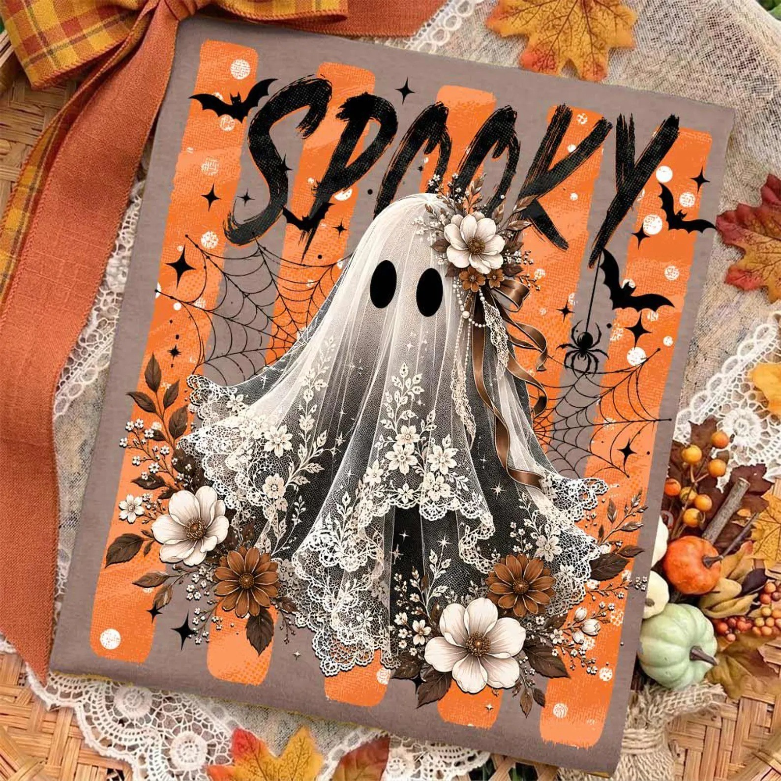 Comfort Colors Striped Cute Lace Ghost Boo Bow Halloween T-Shirt