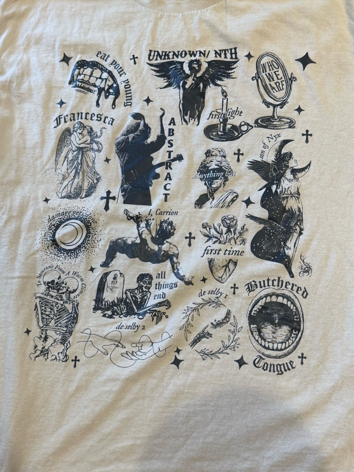 Unknown/NTH Abstract Graphic T-Shirt Beige Size Large Goth Grunge Streetwear