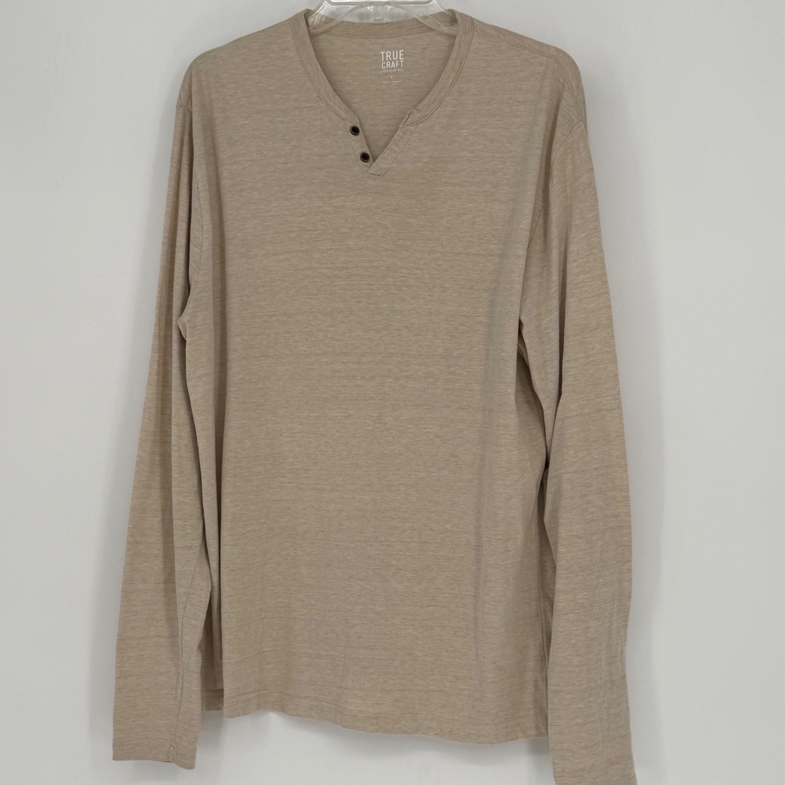 TRUE CRAFT Mens Tan Long Sleeve Henley Shirt Size XL Normcore Minimalism 100-40