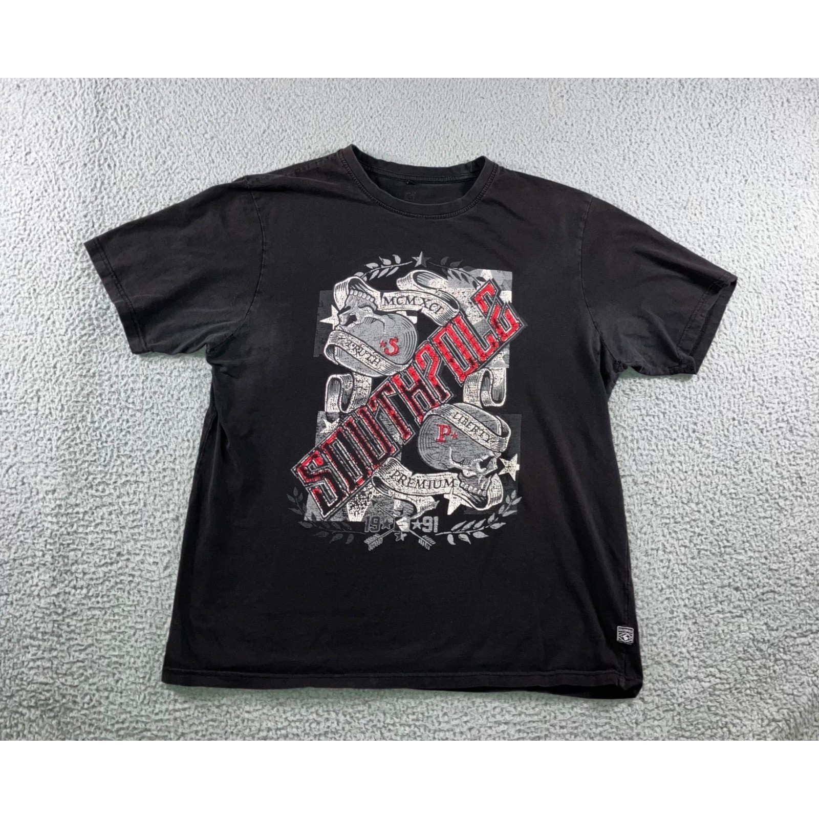 VTG Southpole Graphic T-Shirt Men XL Skull MCMXCI Thrashed Streetwear Grunge Y2K