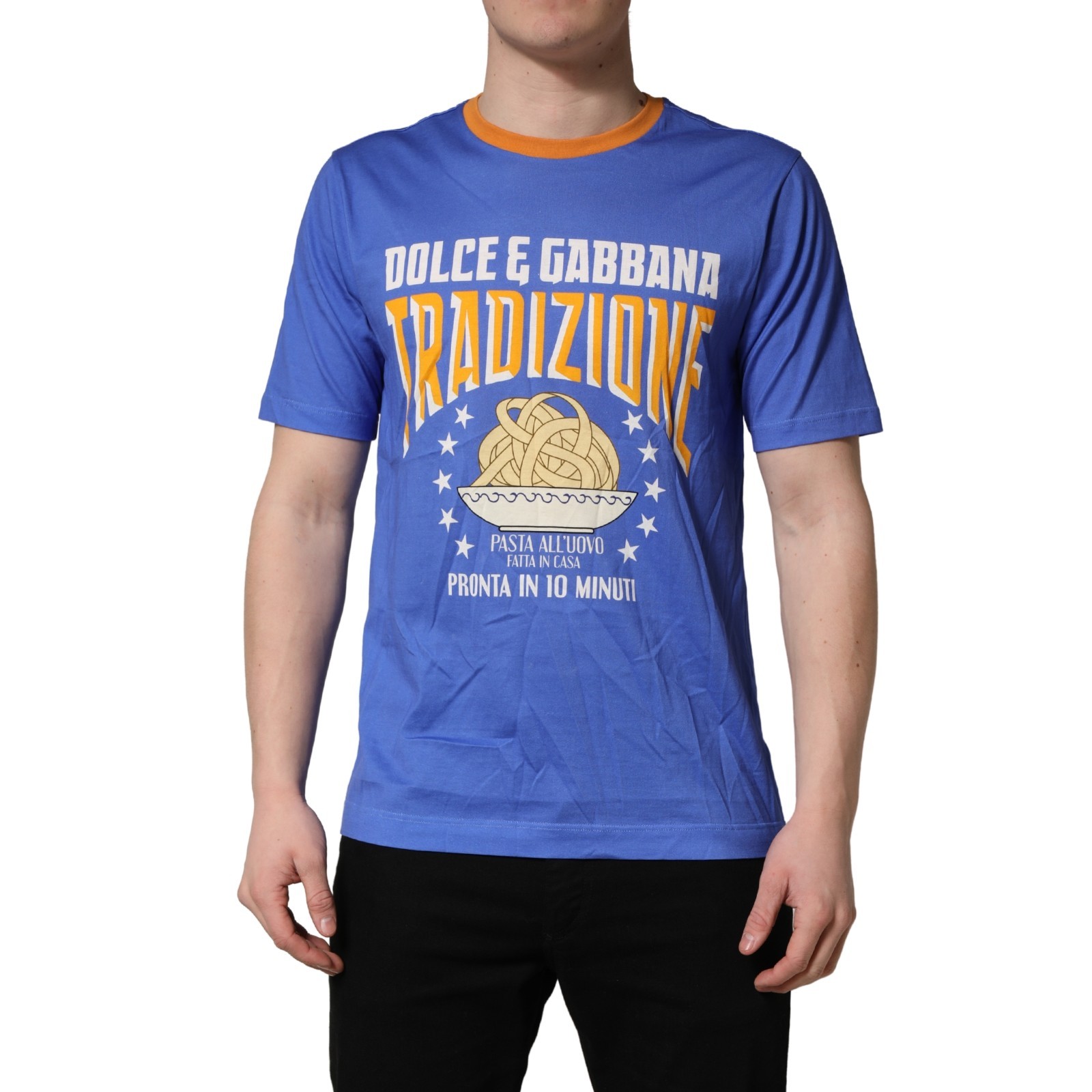 DOLCE & GABBANA T-shirt Blue Pasta Graphic Print Cotton Men Crewneck IT48/US38/M