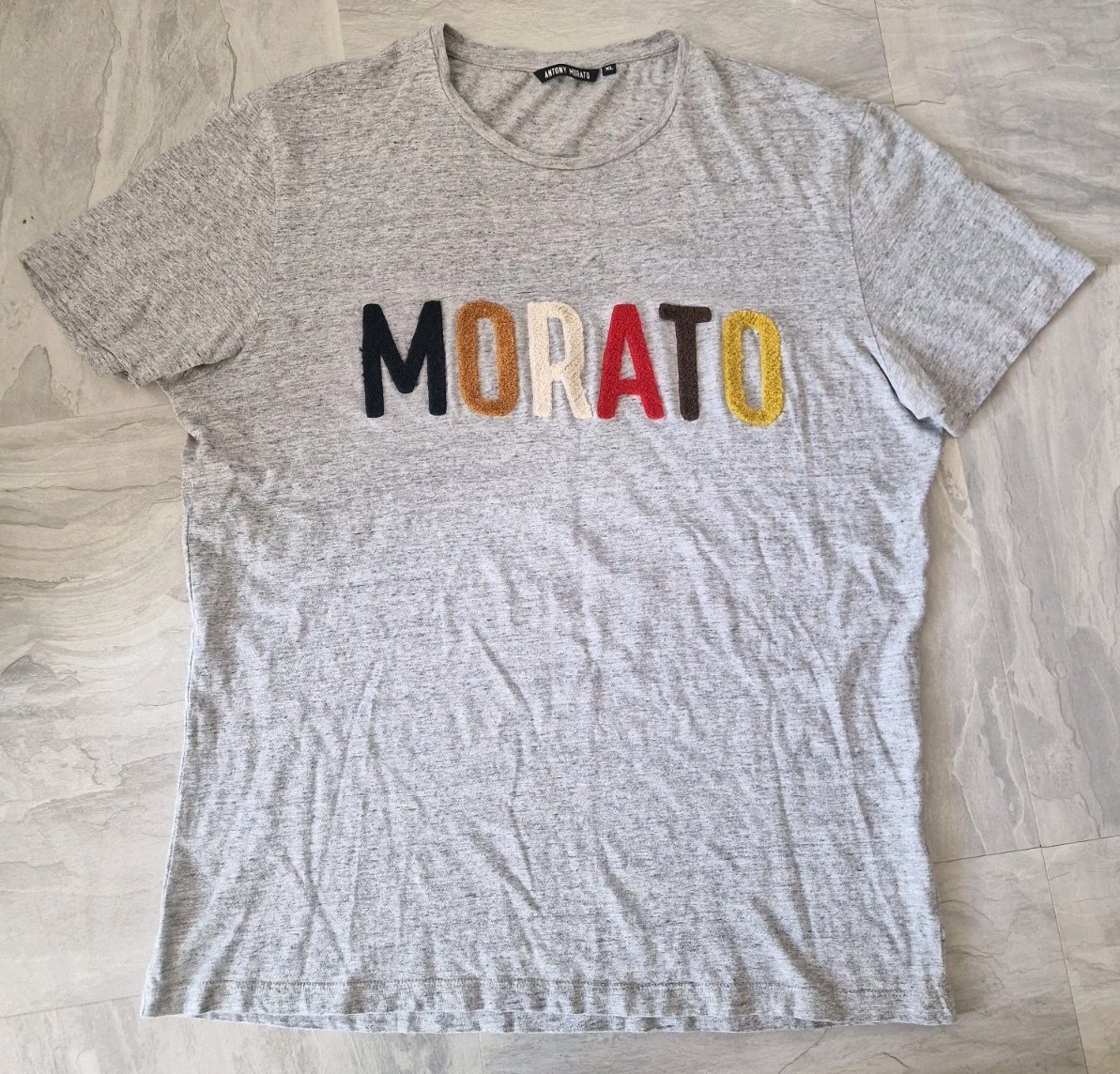 Antony Morato Men’s Grey Marl T-Shirt XL Multicoloured Chenille Embroidered