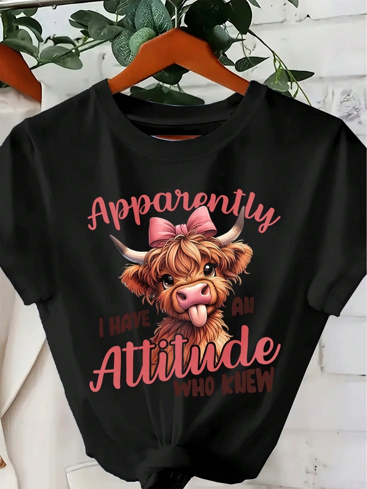 Cute Highland Cow Pattern Print Short Sleeves Round Neck TShirt