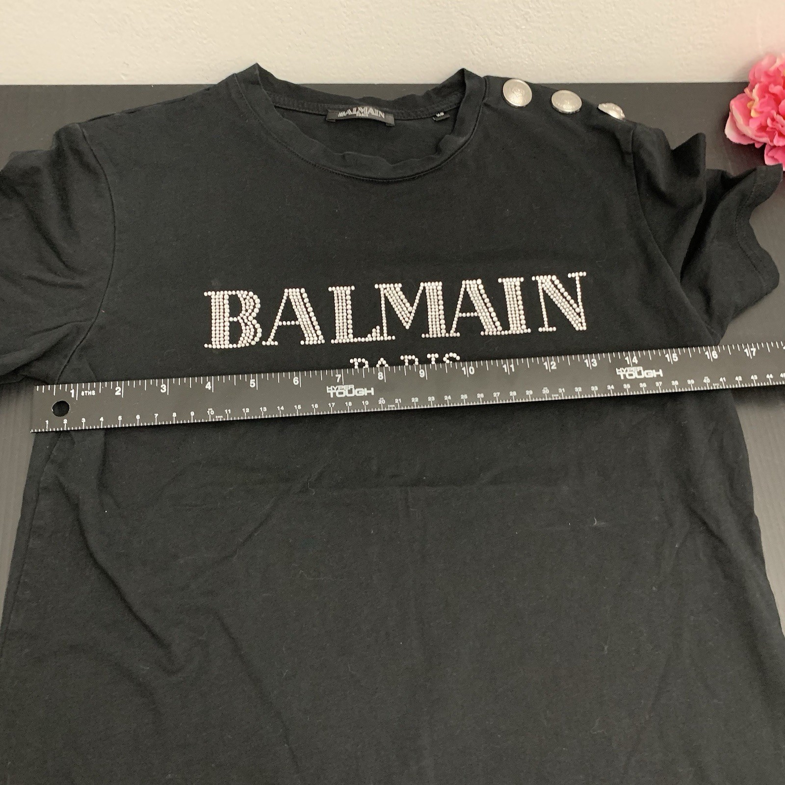 Balmain – Logo T Shirt Rhinestone Buttons – Black – Size: XS