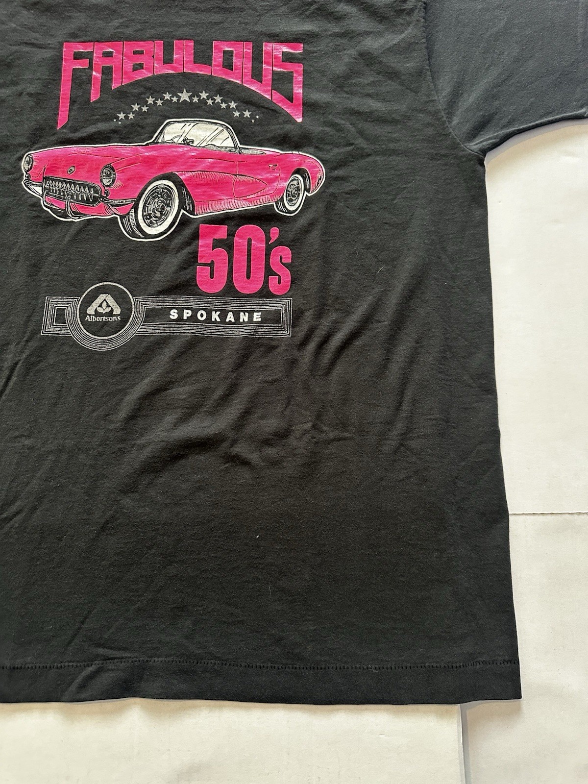 Vtg Fabulous 50’s Pink Corvette Spokane Albertsons Single Stitch Tee Sz XL USA.