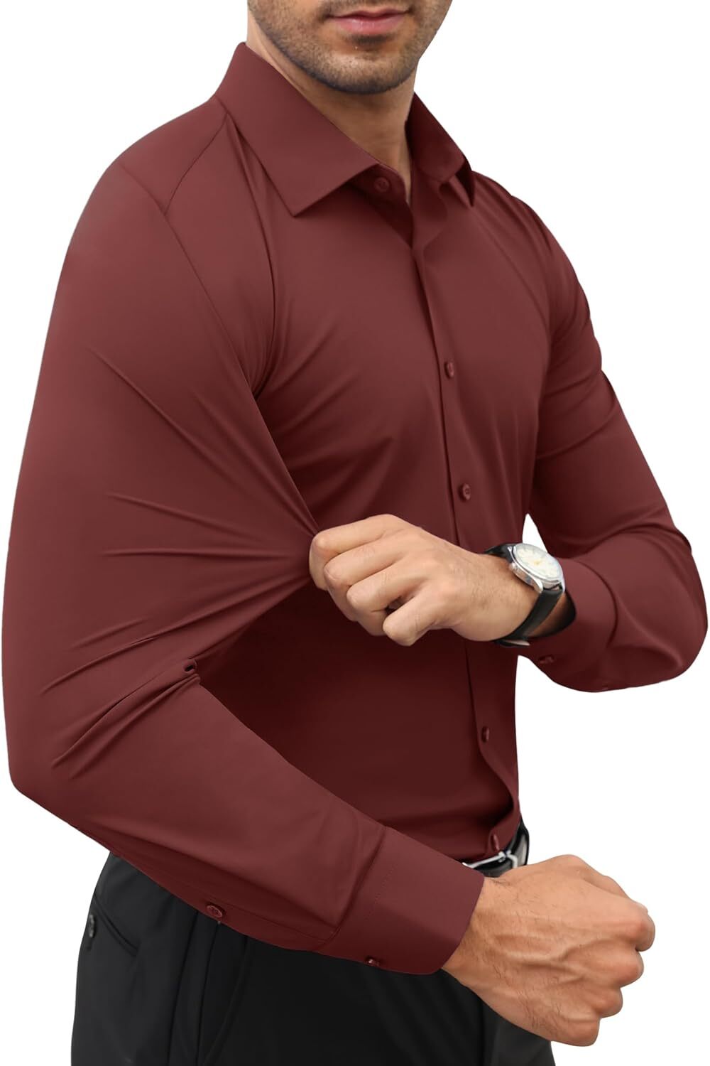 Stretch Slim Fit Wrinkle Free Long Sleeve Dress Shirt for Men Button Down