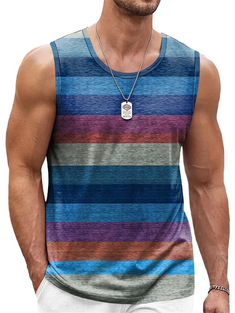 Retro Striped 3D Graphic Tank Top for Men – Sleeveless Quick-Dry Summer Vest