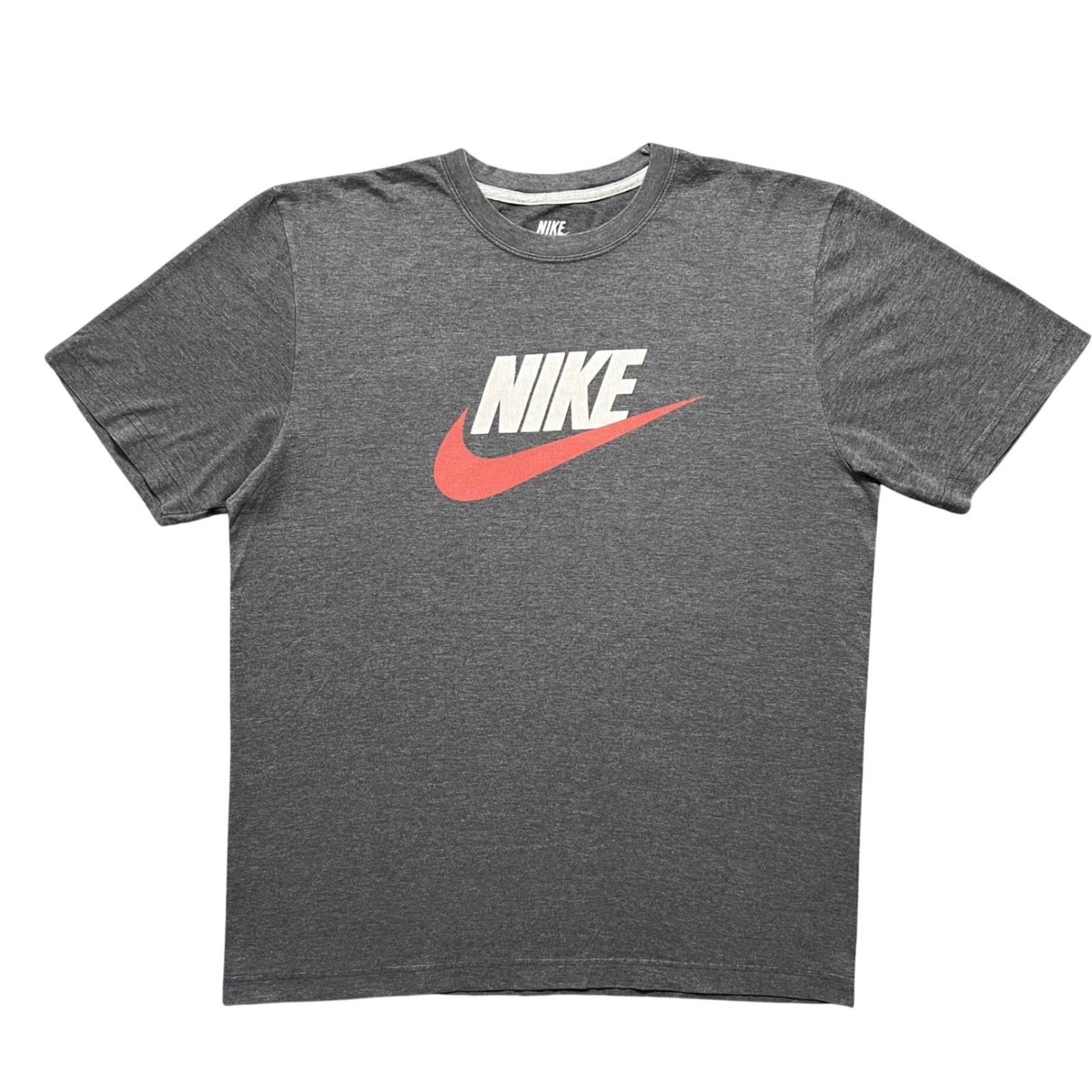 Nike Sportswear Mens L Gray Futura Logo Red Swoosh Graphic Cotton T Shirt Large