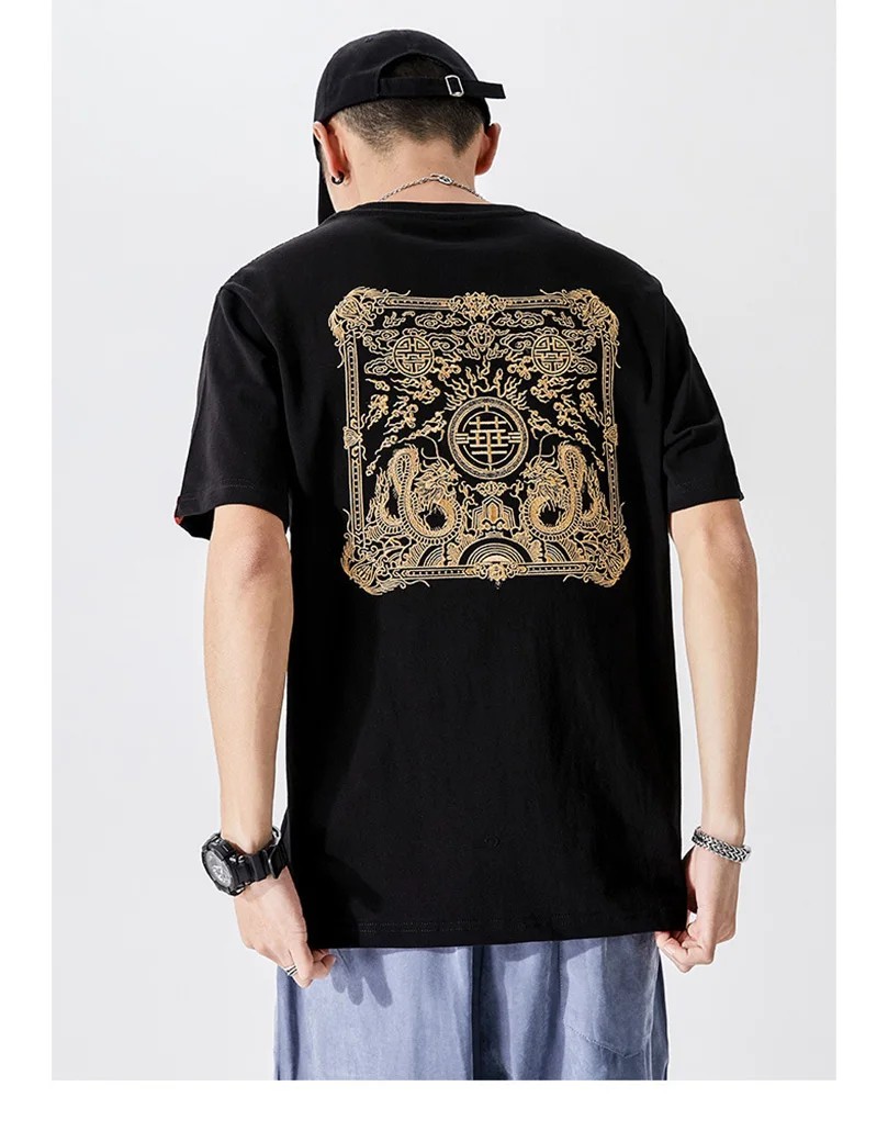 Men Embroidered Dragon T Shirt Chinese Style Streetwear Crew Neck Summer Tee Top