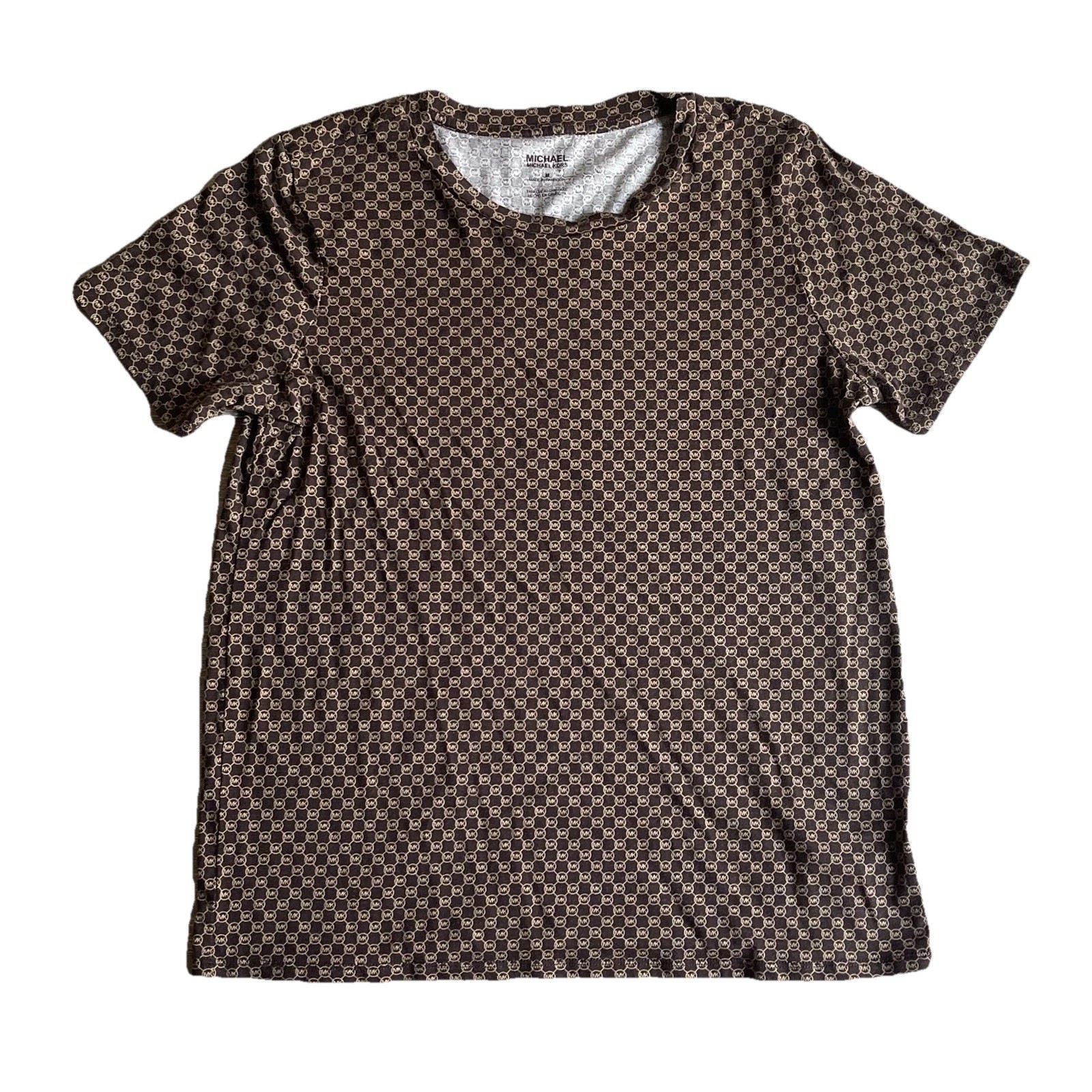 Michael Kors Brown Logo Shirt Medium All Over Check 2-Tone Squares Lightweight