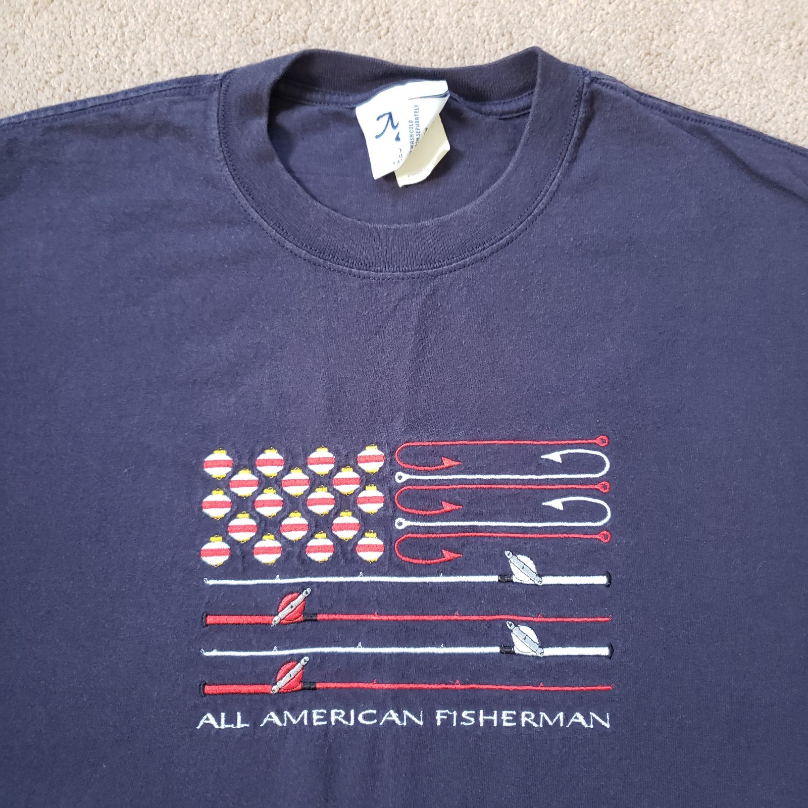 Vintage 90s All American Fisherman Flag Sz XL Embroidered Mens Navy Blue T-Shirt