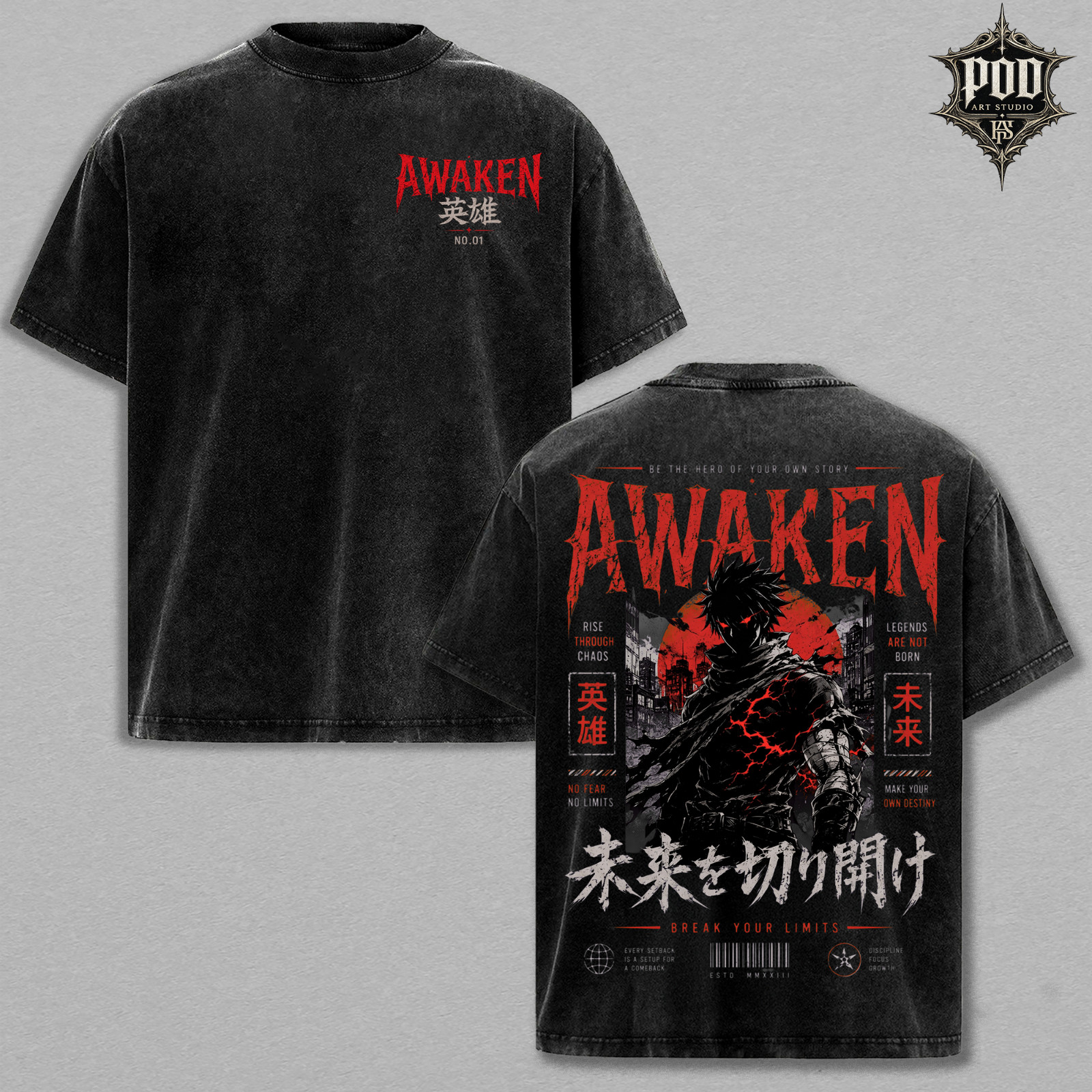 Awaken Dark Anime Oversized Graphic Tee, Vintage Washed Japanese Streetwear Shir