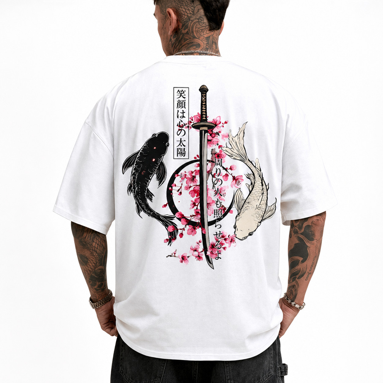Japanese Koi Fish Samurai Sword T-Shirt Sakura Cherry Blossom Graphic Tee