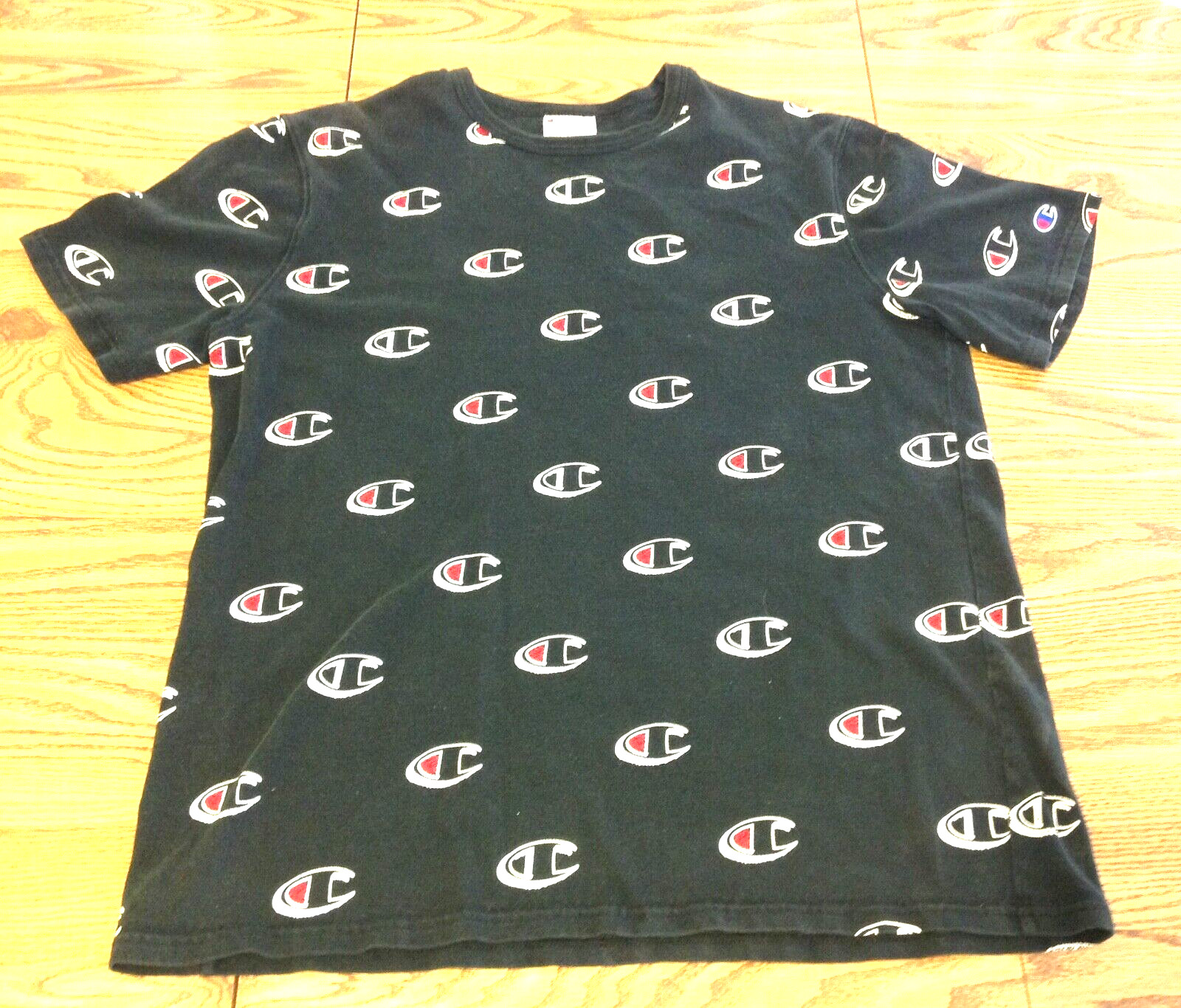 Champion Sportswear All Over Logo Print T Shirt Black Short Sleeve XL Cotton