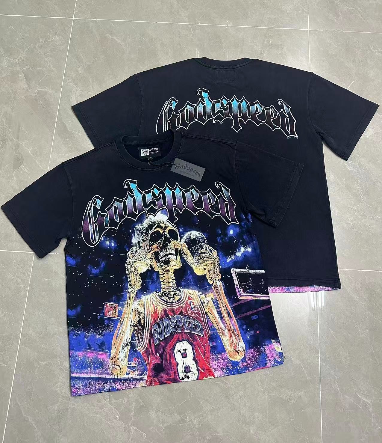 Mens NEW Godspeed Skeleton Basketball player trophy print Short sleeved T-shirt