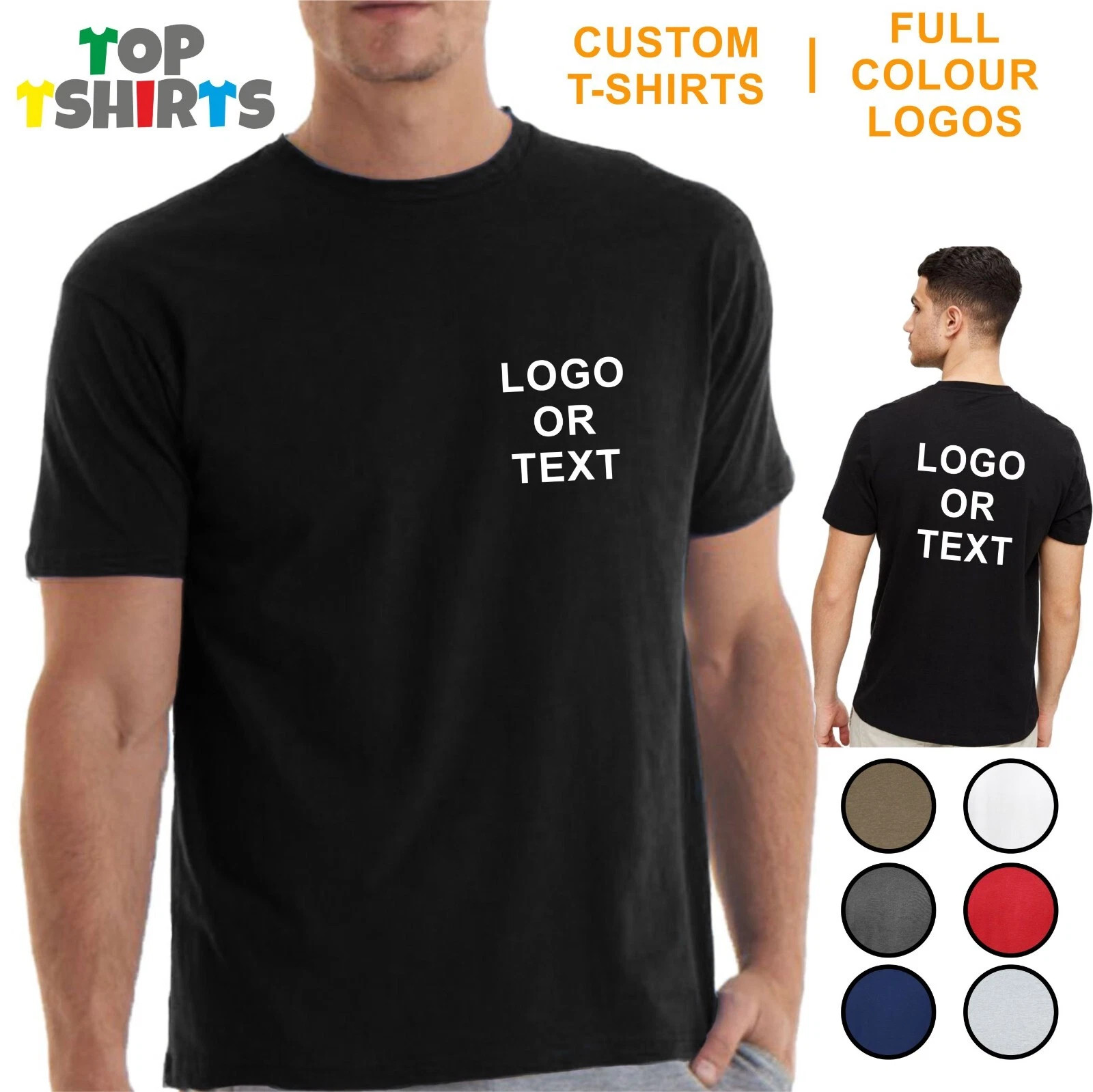 Custom Fully Personalised T-Shirt Printed FRONT & BACK LOGOS & TEXT