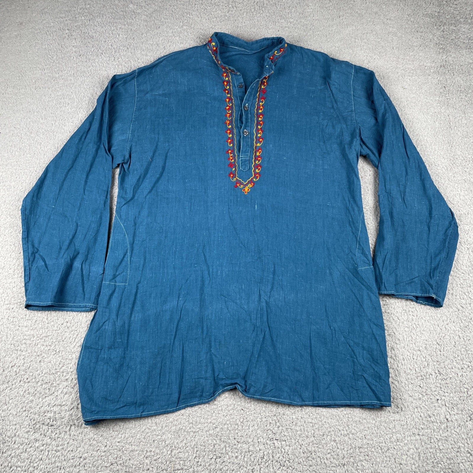 Traditional Indian Bohemian Relaxed Fit Shirt Dark Teal Blue L/XL Thin Knit