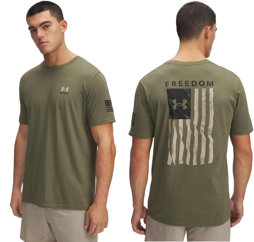 Under Armour Freedom Flag T-Shirt, Marine OD Green-Desert Sand, Pick A Size!