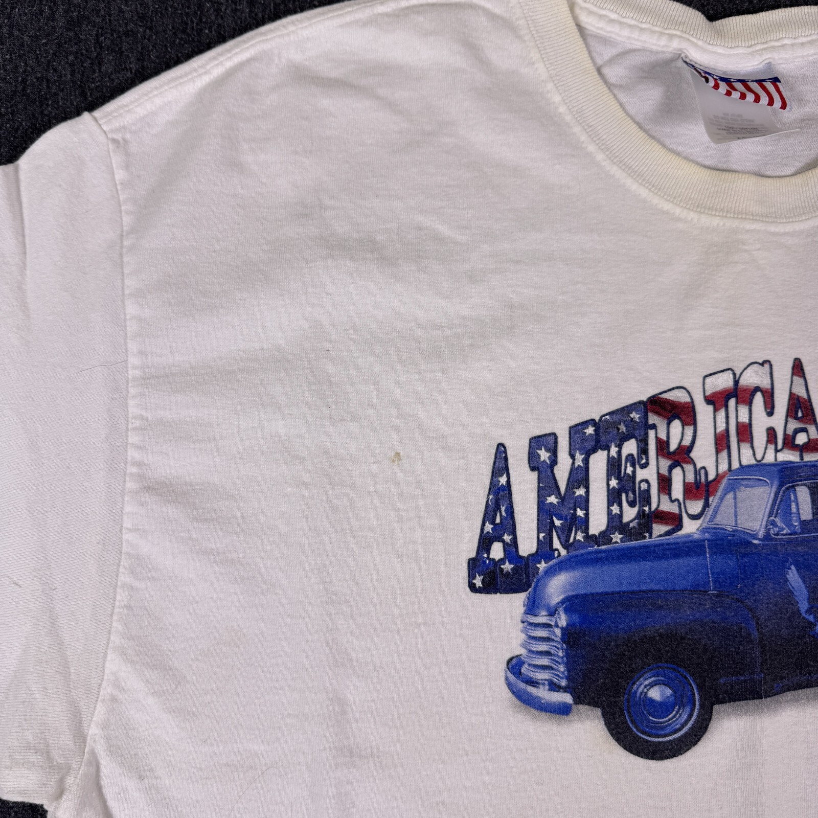 American Vintage Men’s White Car Graphic Print Crew Neck Casual T-Shirt Size L