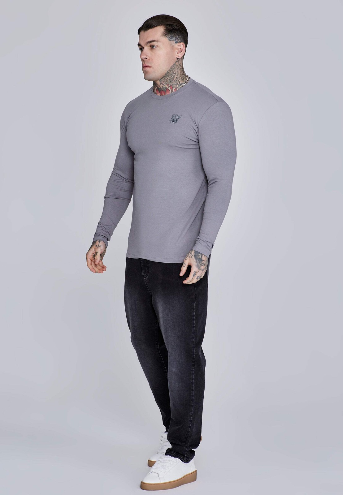 SikSilk Men’s Long Sleeved Crew Neck Essentials T-Shirt Tee Grey