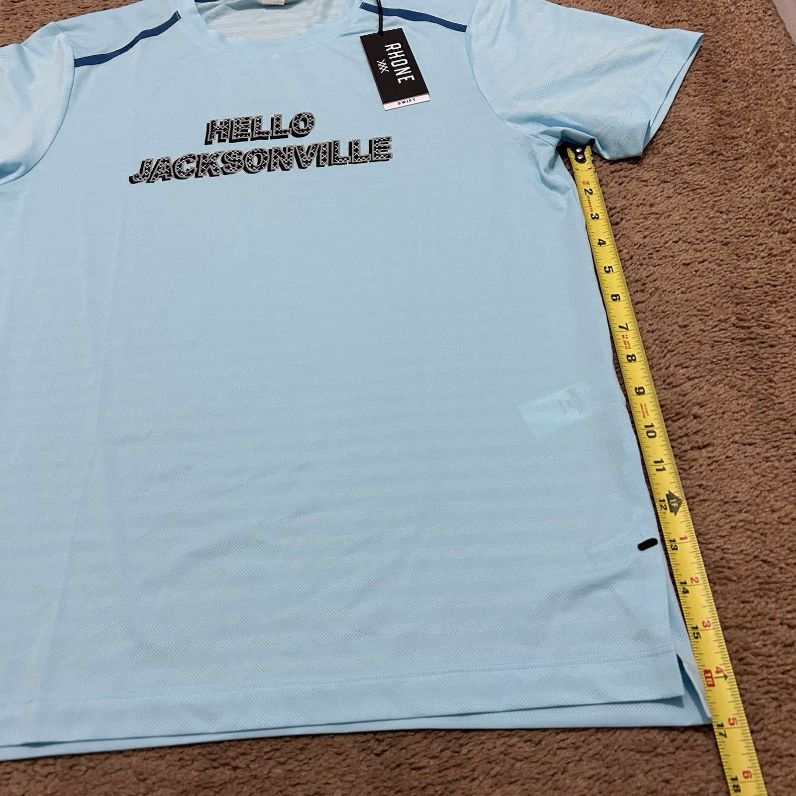 Rhone Swift Short Sleeve Shirt Hello Jacksonville Size M Castaway Blue