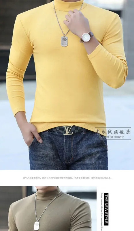 Fashion Men’s Oversize High Collar Long Sleeves Autumn Winter Pure Thermal Shirt