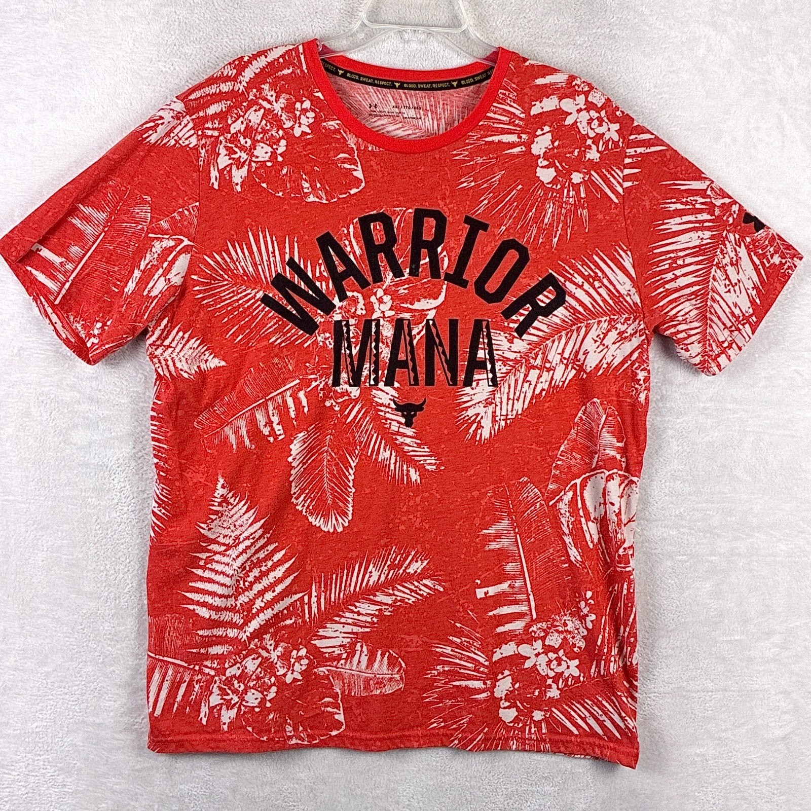 Under Armour Project Rock Tshirt Men XXL Red White Warrior Mana Palm AOP Workout