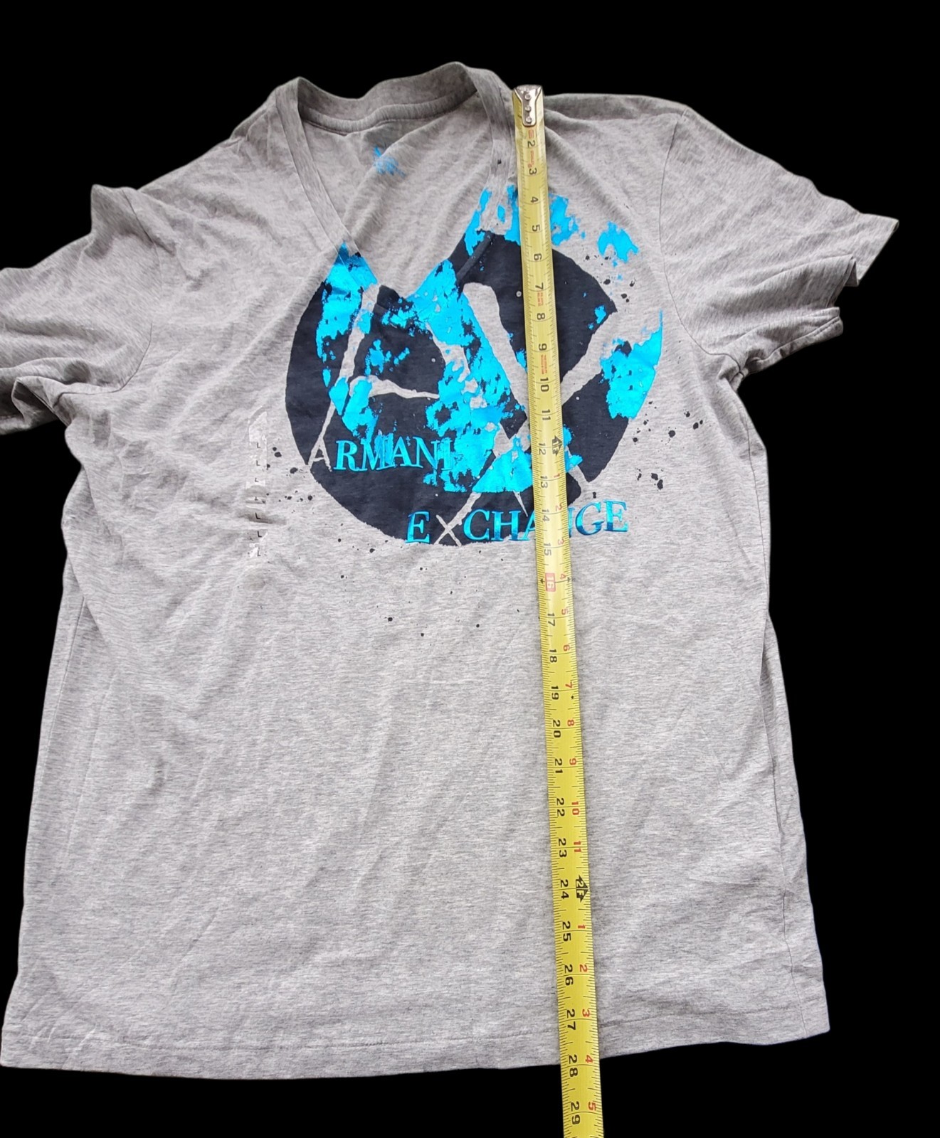 NWT Armani Exchange Heather Gray Blue Foil Graphic V Neck Logo Tee T Shirt Sz L