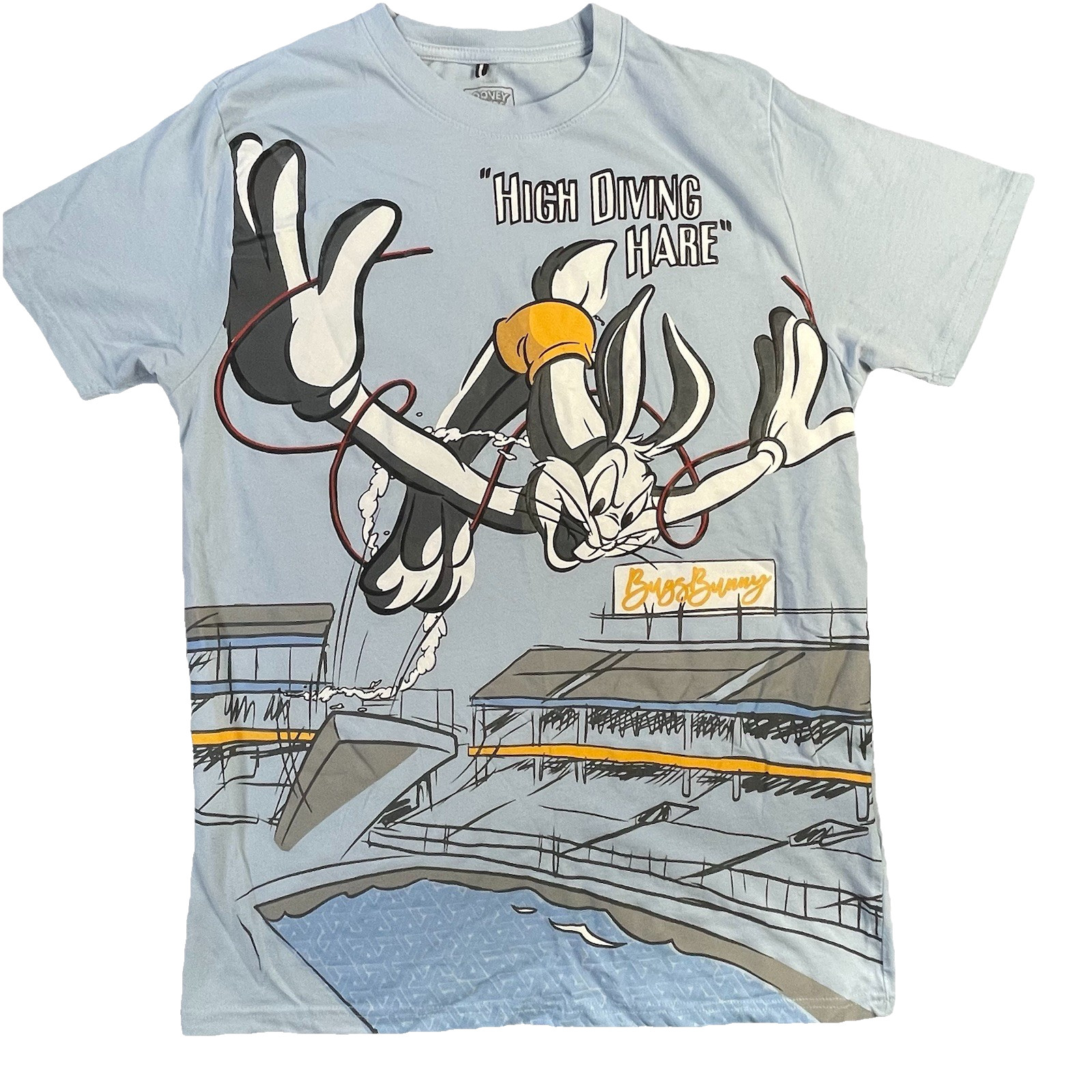 Looney Tunes T-Shirt Mens Medium Blue Bugs Bunny Graphic Print High Dive Diving