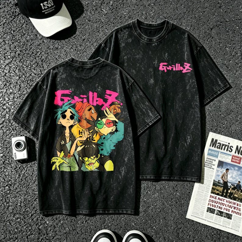 Gorillaz Band Vintage Washed Black 90s Cartoon Oversized Streetwear Graphic Tee