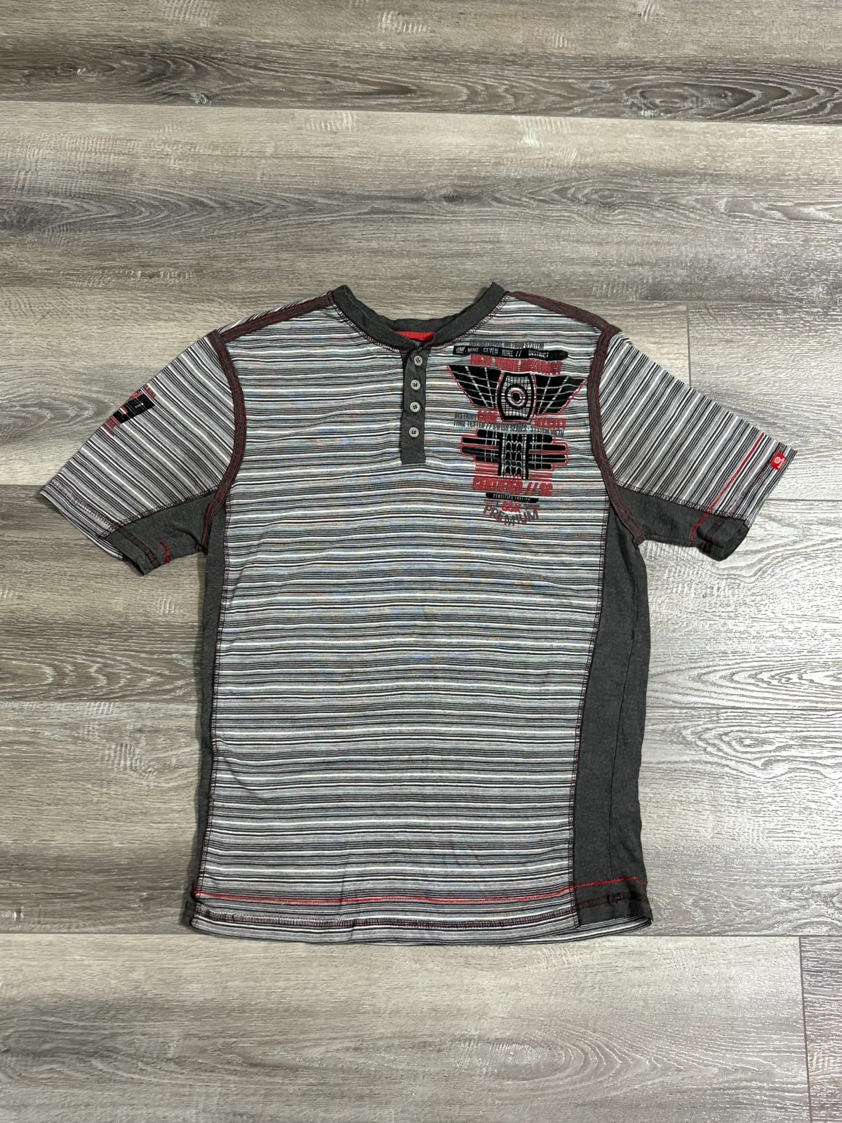 Swiss Cross Striped Y2K Logo Henley Shirt Skater Preppy Retro Y2K – Men’s Medium