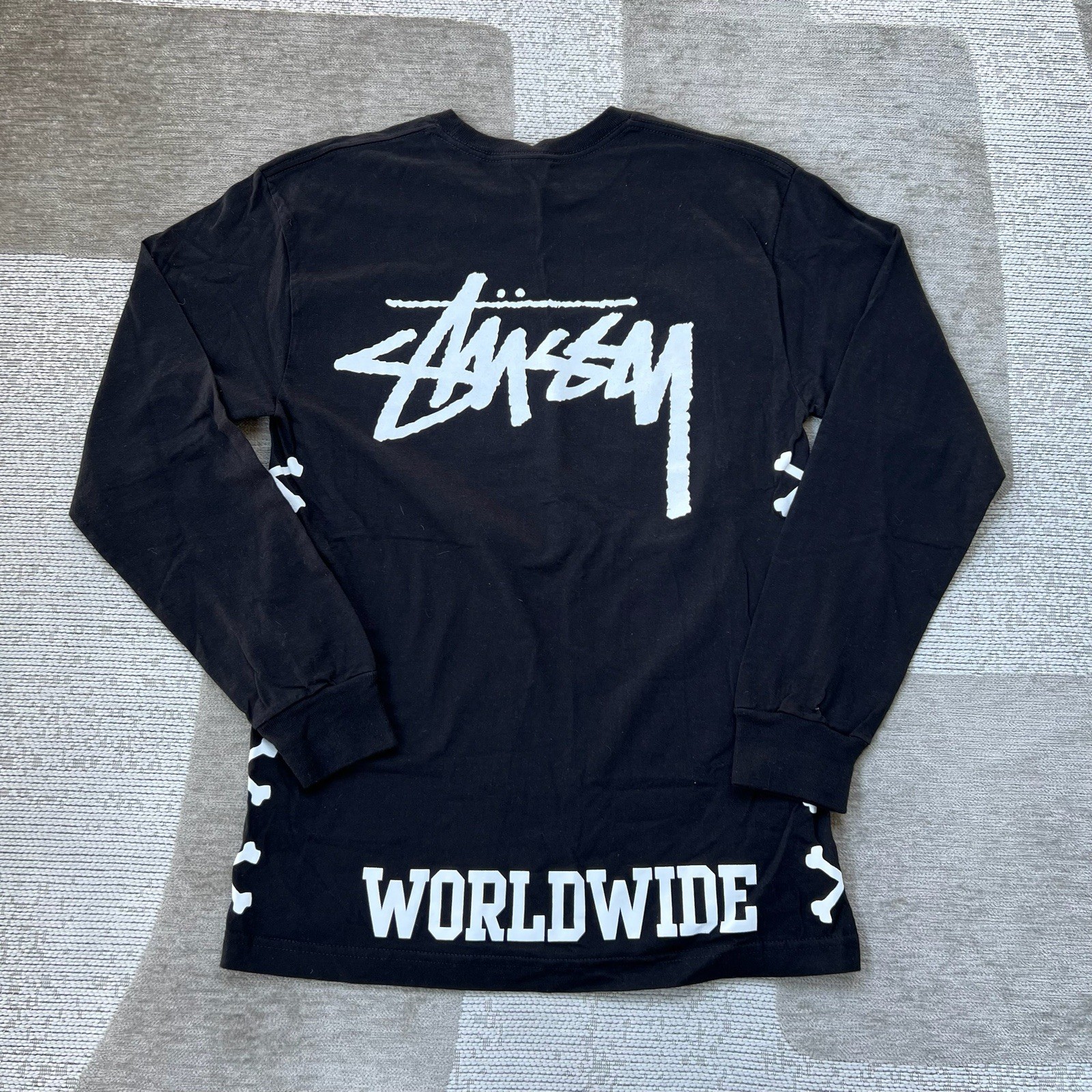 Stussy Shirt Mens M Black Long Sleeve Skull Bones Worldwide Double Sided Skater