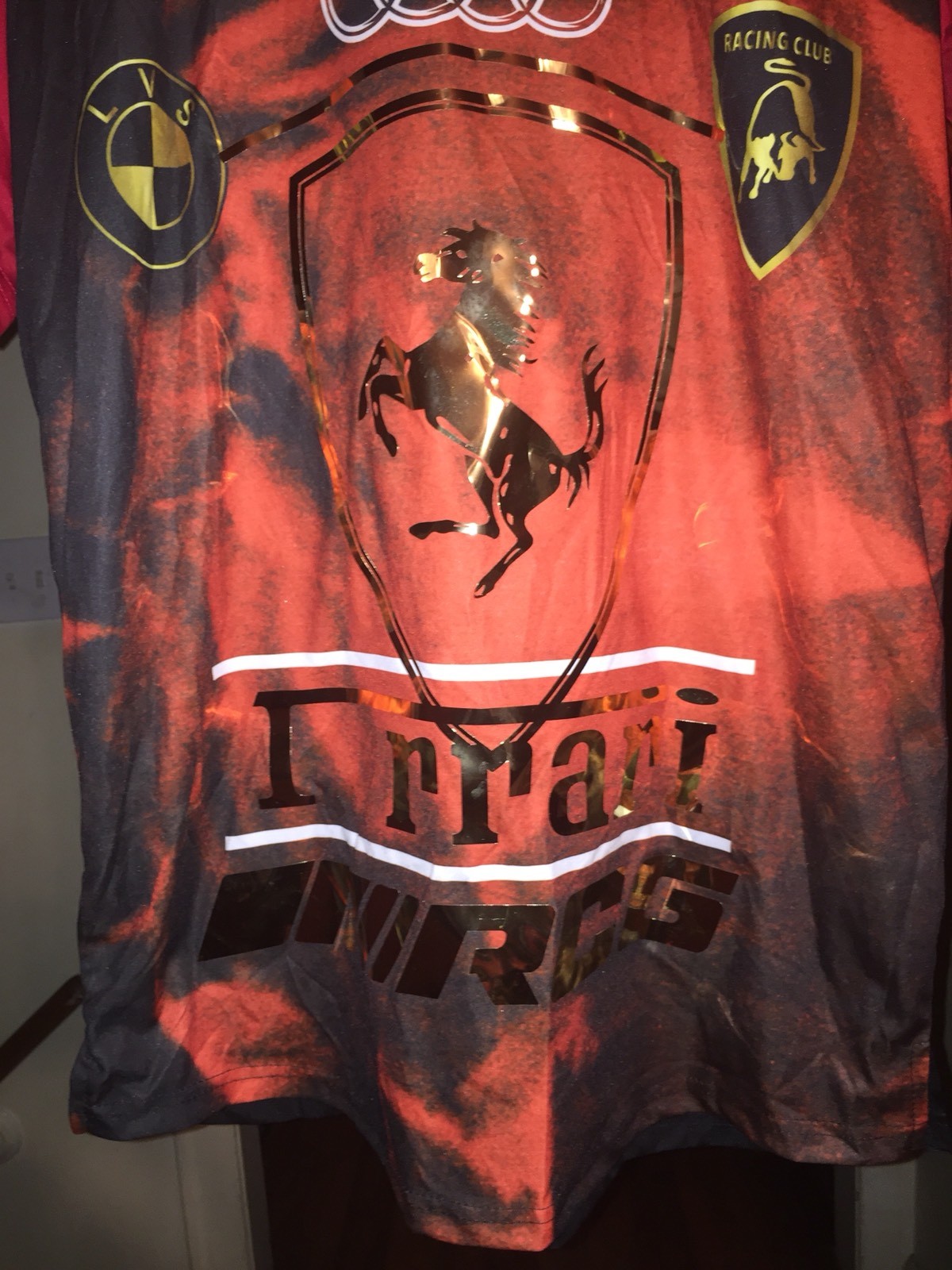 Lavish Society Men’s XL Metallic Foil Print Red Racing Jersey Shirt T-Shirt NWT