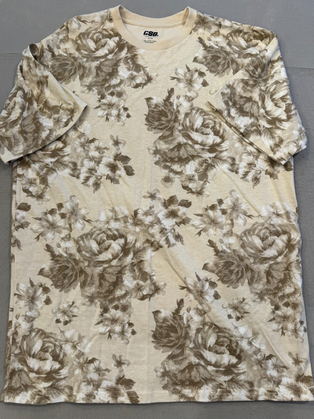 CSG. T Shirt Men’s Extra Large Beige Floral 100% Cotton Everyday Basic Tee