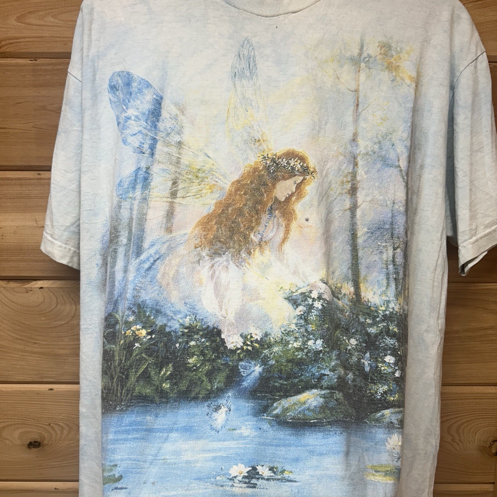 Vintage The Mountain Light Blue Tie Dye Fairy Forest Nature Graphic T Shirt L/XL