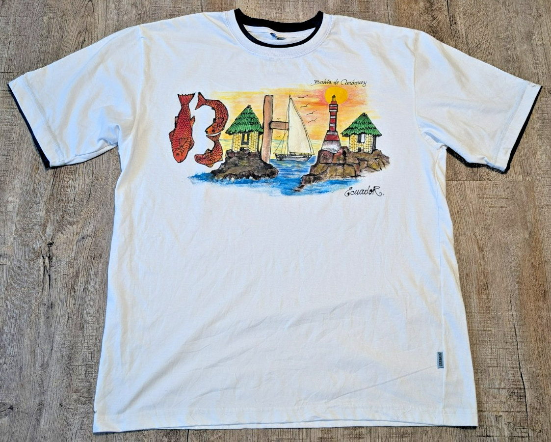 Maritama Hand Painted T-Shirt Diparolo Bahia de Caraquez Ecuador Lighthouse Art