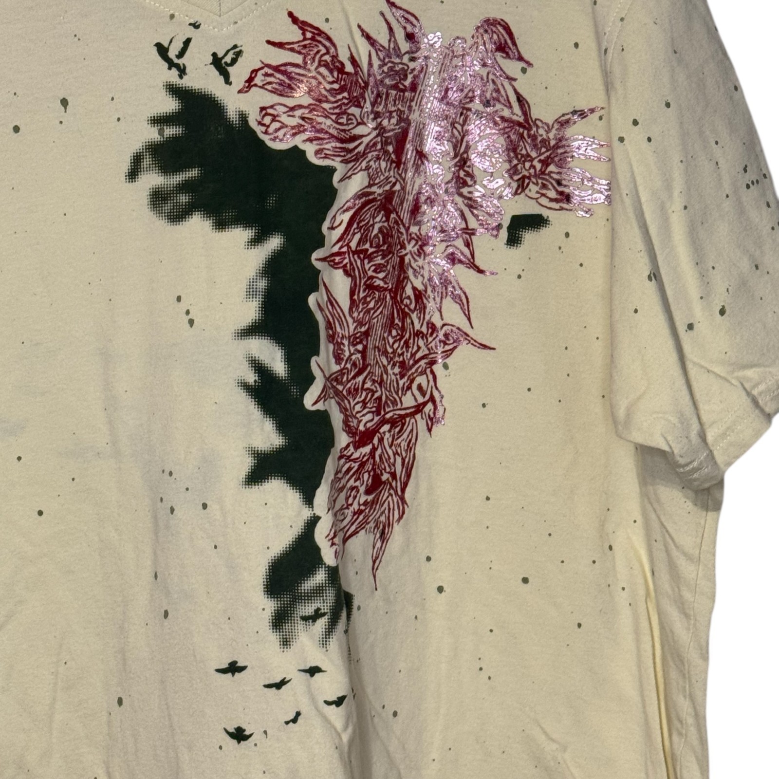 Nostic Men’s T-Shirt Paint Splatter Beaded V-Neck Short Sleeve Cotton Beige XL