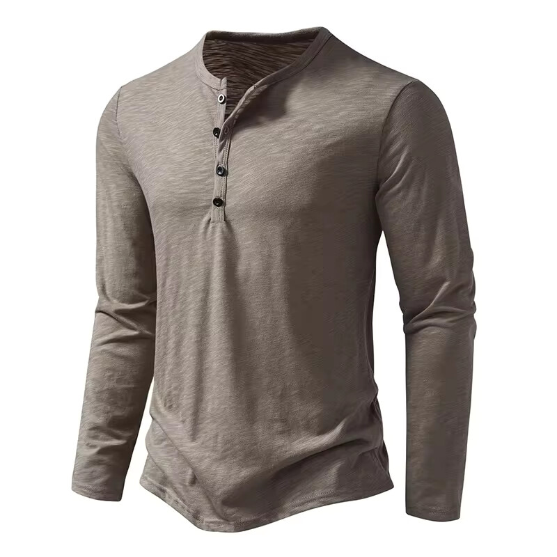Men’s Shirt Cotton Henley Neck T-Shirts Long Sleeve Casual Button Plain 25% OFF