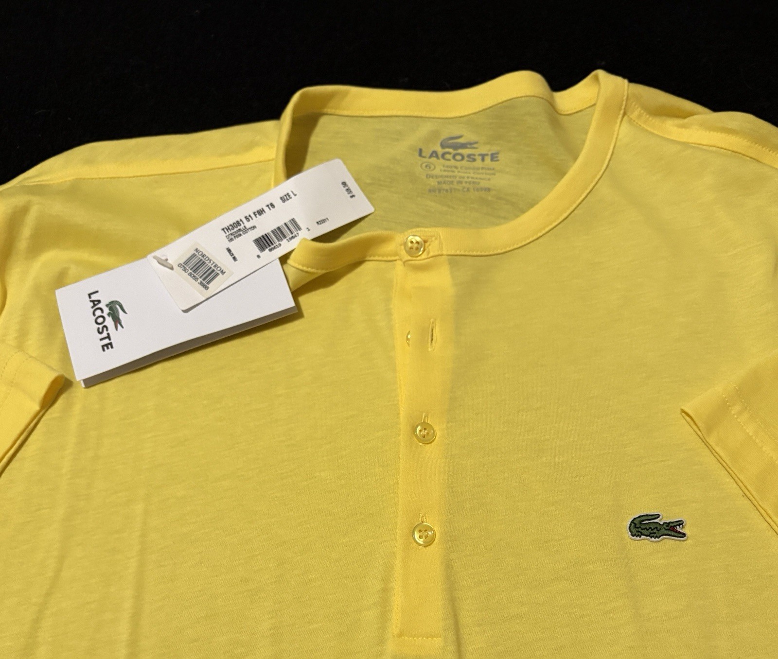 LACOSTE 100% Peruvian COTTON HENLEY T-SHIRTS Citronelle Size L NEW