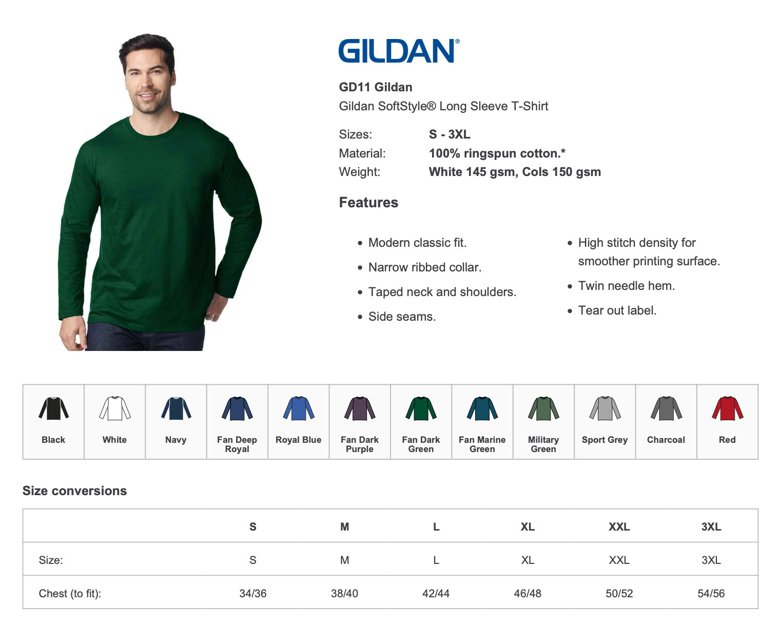 Cotton Long Sleeve Crew Neck Tee Gildan SoftStyle T-Shirt S-3XL