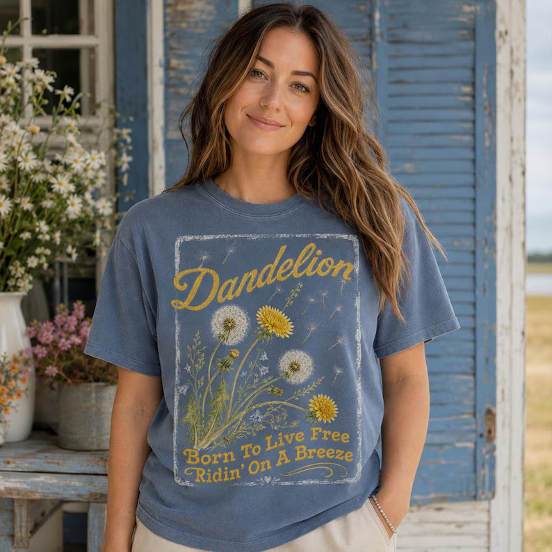 Vintage Dandelion Shirt Born To Live Free Botanical Graphic Tee Boho