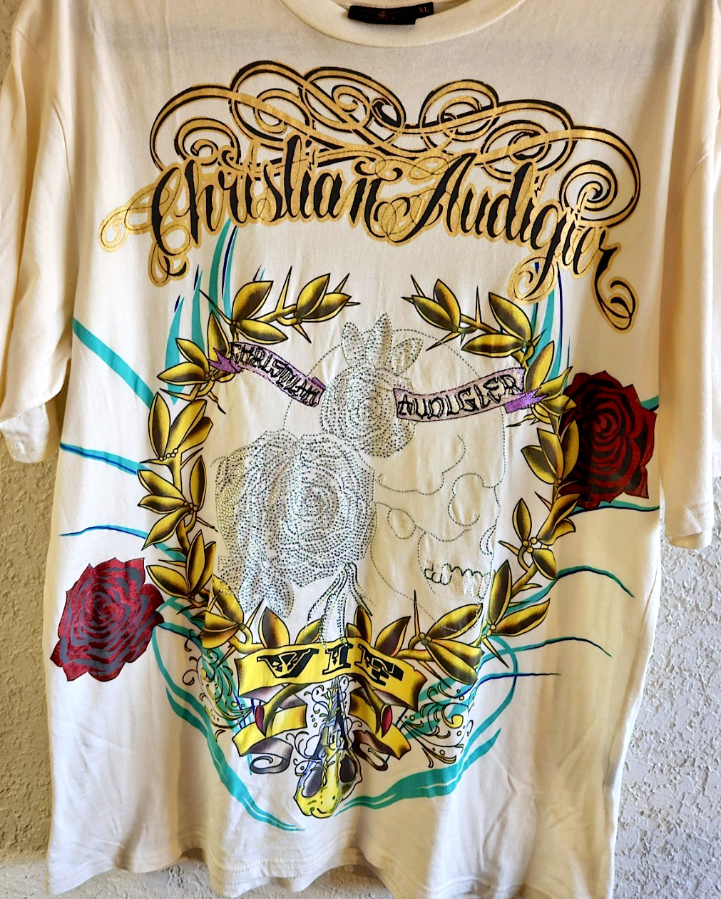 Y2K Christian Audigier Ed Hardy VIF XL Cream T-Shirt Beaded Stitched Stored New