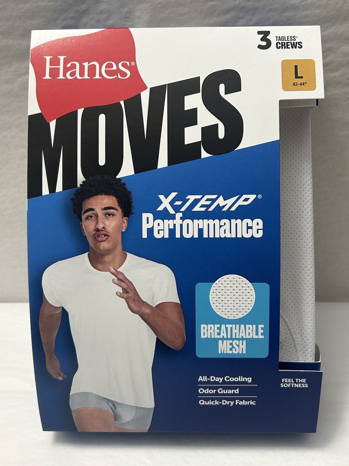NEW Hanes Moves 3-PACK T-shirt Tee X-Temp Breathable Mesh Sz 42-44 LARGE (HB-10)