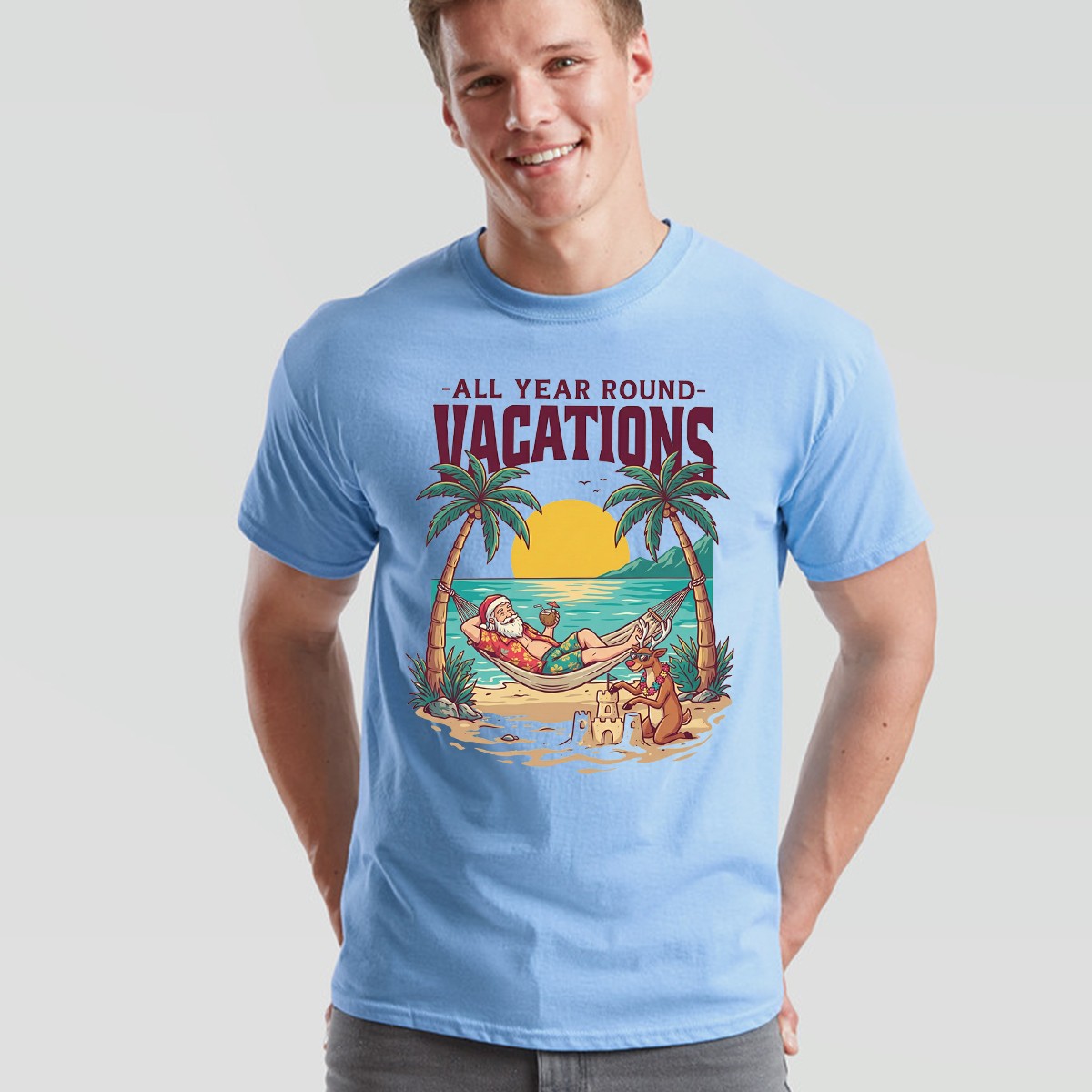 All Year Round Vacations Christmas Santa Reindeer Beach Graphic Unisex Tee